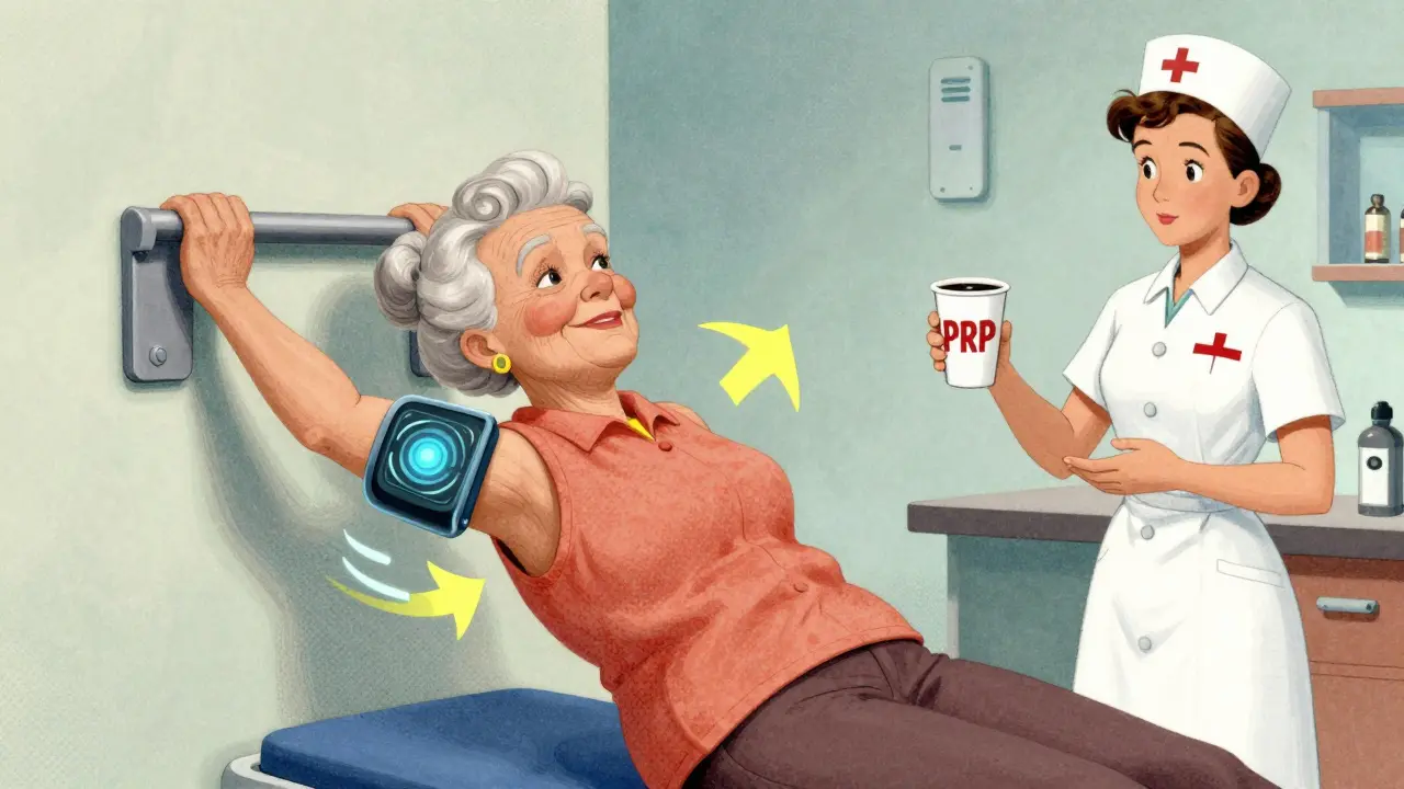 Elderly woman doing shoulder rehab with a buzzing smart sleeve correcting her form in vintage cartoon style.