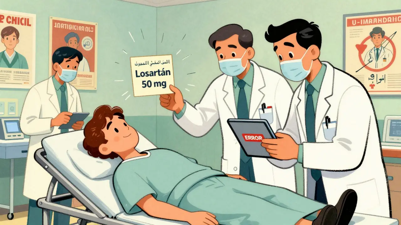 Emergency room staff reacting to a translated medication list while a Google Translate error floats nearby.