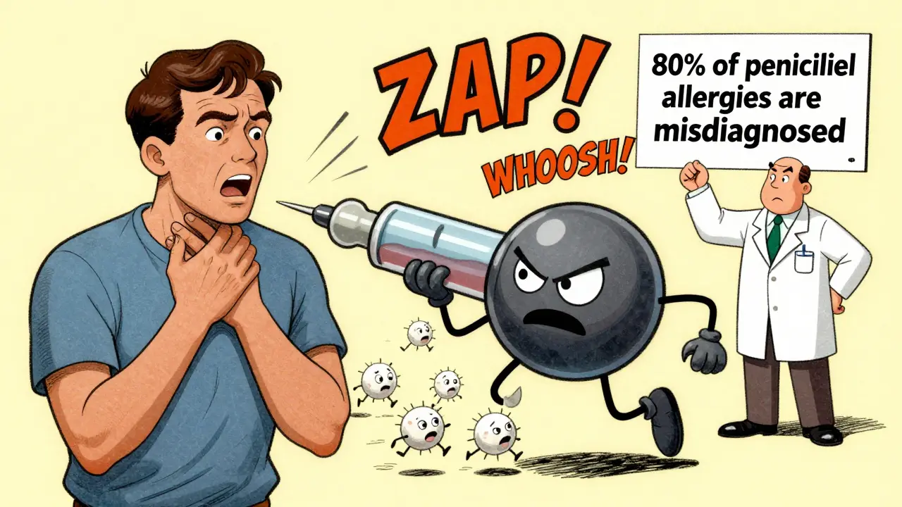 Exaggerated cartoon of penicillin molecule attacking body, symbolizing misdiagnosed drug allergy with comedic danger.