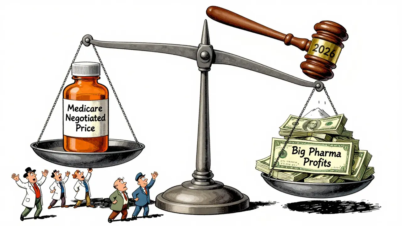 Giant scale tipping as negotiated drug price crushes pharmaceutical profits under a gavel.
