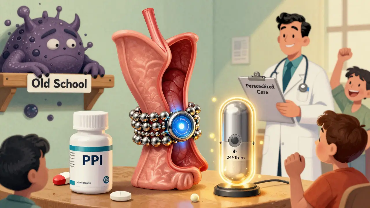 LINX device as superhero bracelet blocking acid, new P-CAB glowing, doctor with personalized care clipboard.