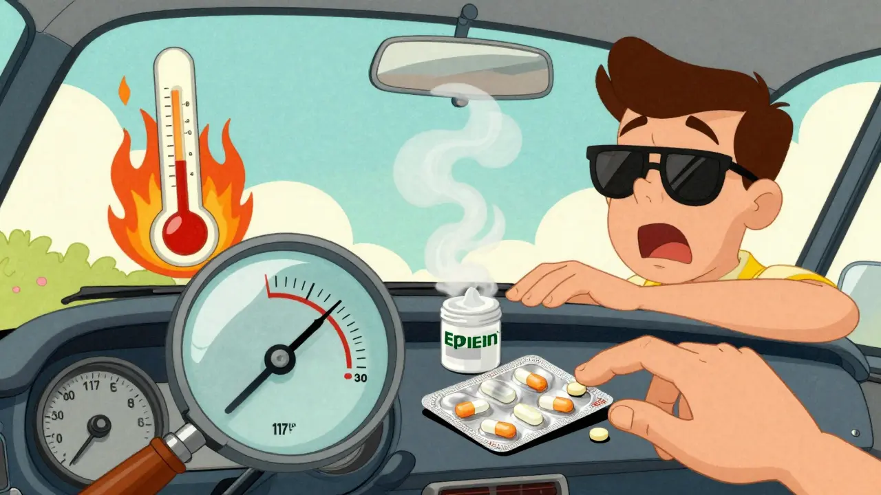 Medications bake on a car dashboard under a blazing sun, with a thermometer bursting from overheating.