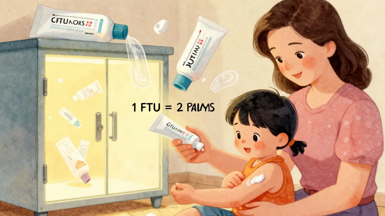 Mother applies a tiny amount of cream using the fingertip unit method, with safety cabinet in background.