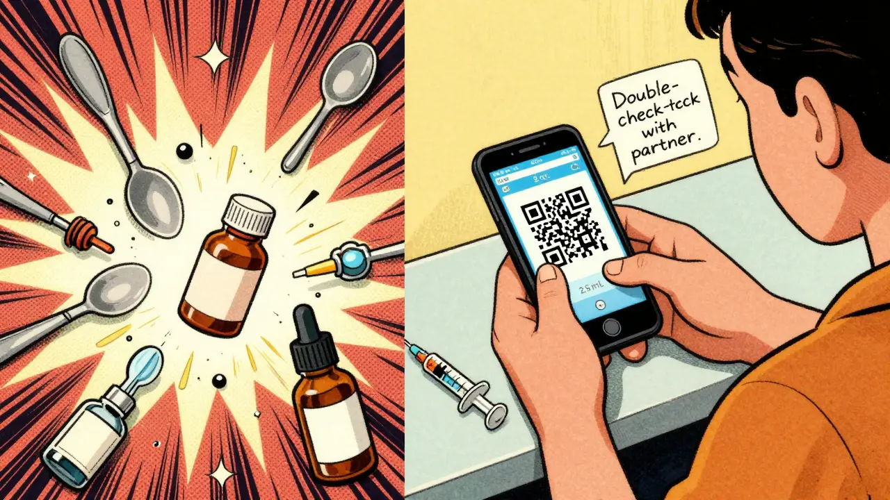 Parent scanning medicine QR code on phone while chaotic old medication items explode in background.
