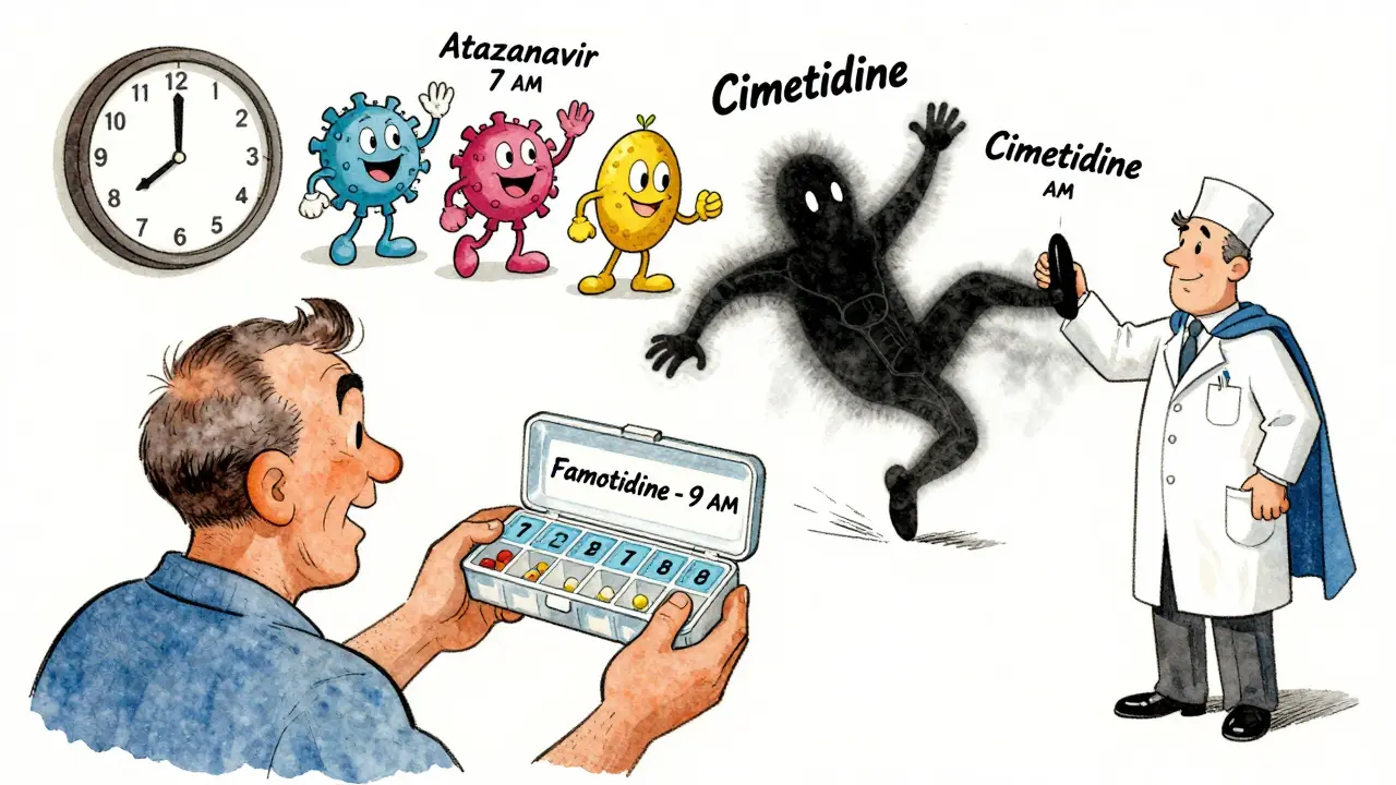 Patient's pill organizer with timed doses showing safe separation of antiviral and acid blocker.