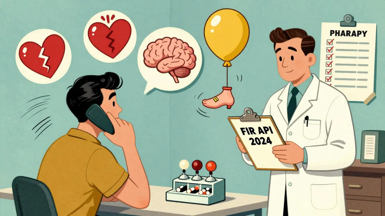 Patient on phone with pharmacy, floating danger icons and pill organizer with blinking alarms.