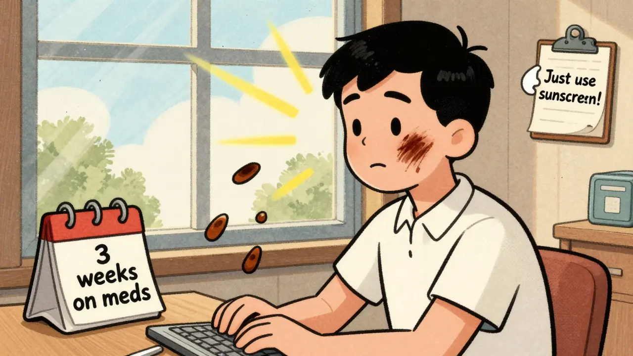 Person at a window with dark streak on cheek and lifting nails, doctor shrugging in background.