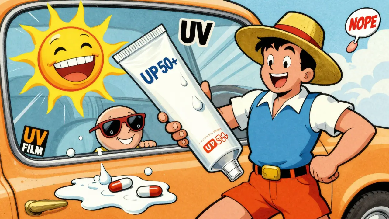 Person protected by sunscreen and hat, doxycycline pills melting as minocycline pills smile nearby.