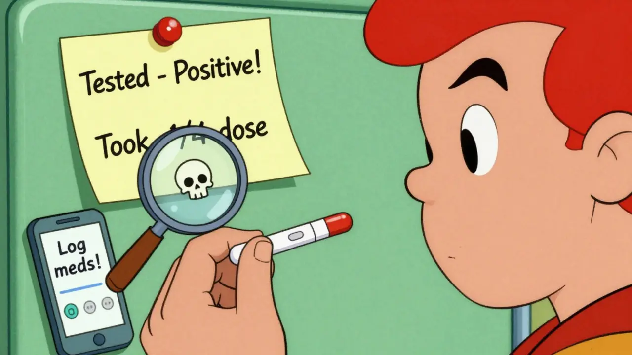 Person testing a pill with a fentanyl strip, seeing a skull, and noting the result on a sticky note.