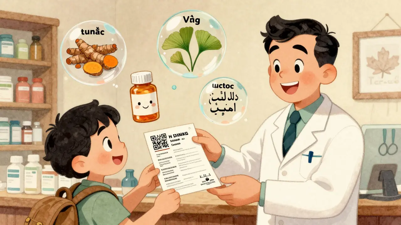 Pharmacist giving a traveler a laminated multilingual medication list with floating herbal remedy icons.
