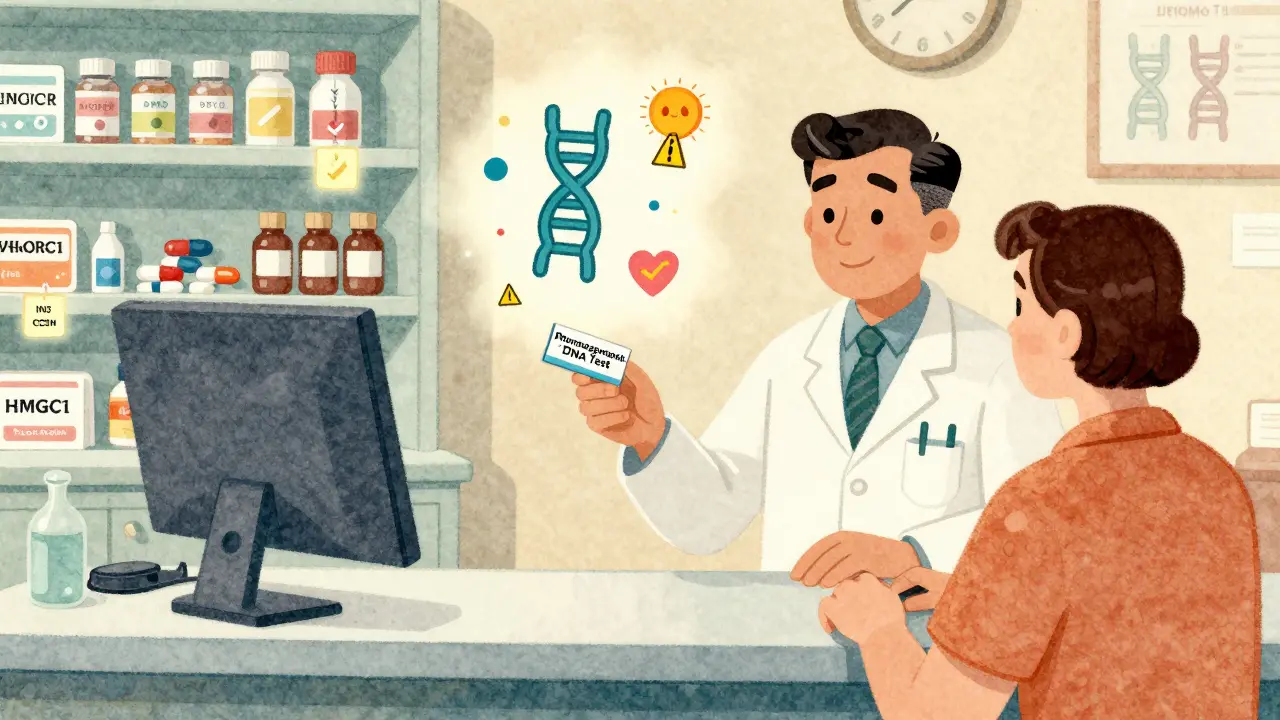 Pharmacist giving genetic test kit with animated gene icons floating above in vintage cartoon style.