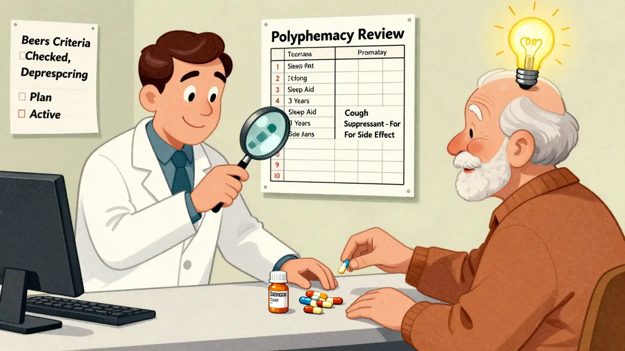 Pharmacist helping senior remove unnecessary medications during a review.