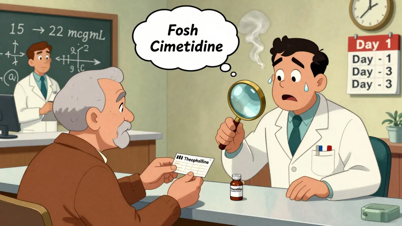 Pharmacist shocked as patient picks up heartburn medicine while on theophylline, smoking cessation in thought bubble.