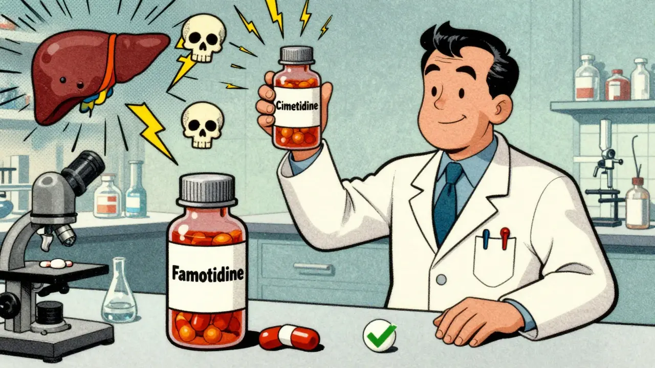 Retro medical cartoon comparing dangerous cimetidine with safe famotidine affecting antifungal pills.