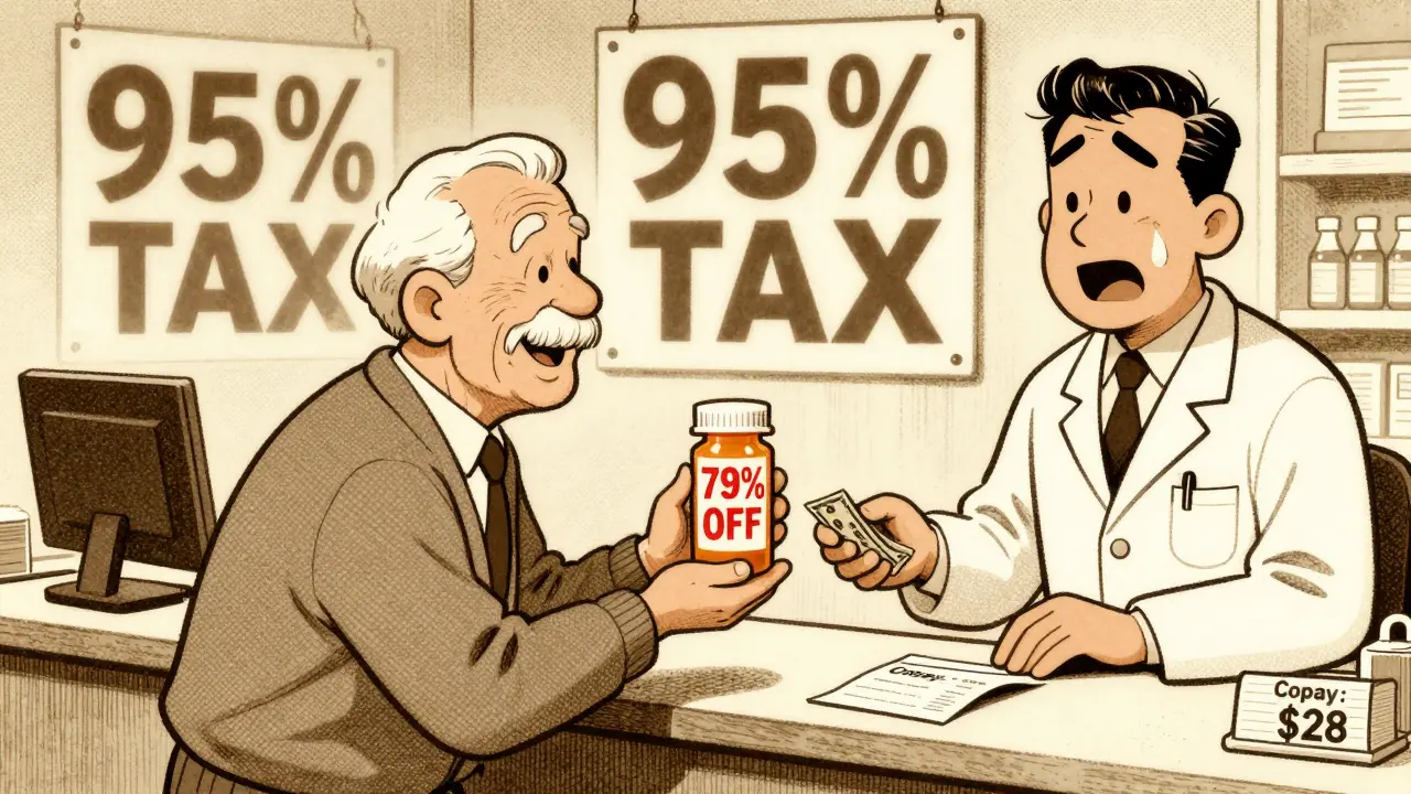 Senior citizen celebrating big savings on prescription at pharmacy with 79% off stamp.