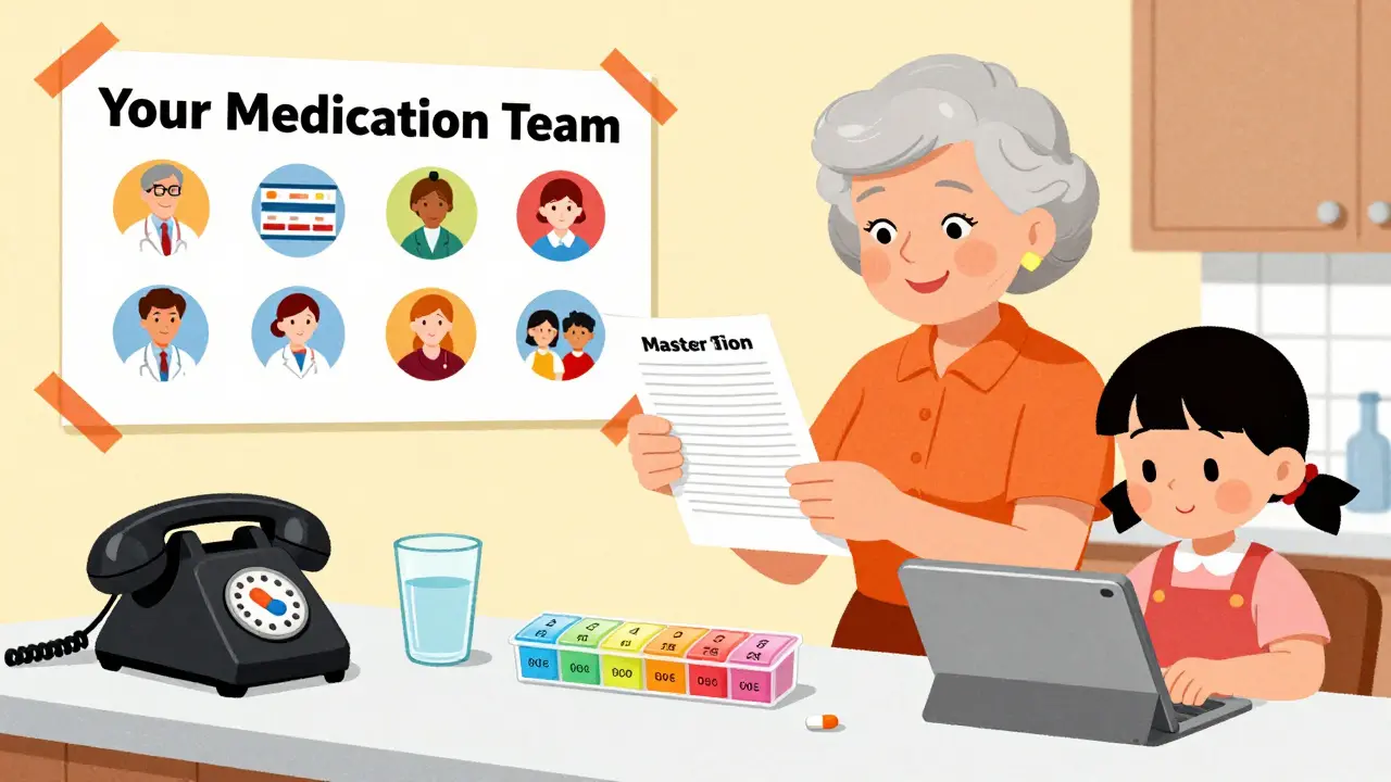 Senior woman using organized pill box with family support and medication list.