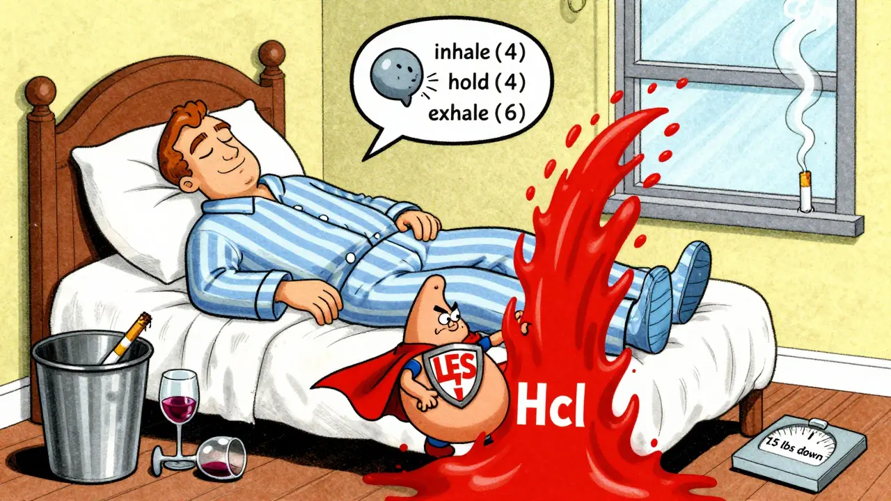 Sleeping man with elevated bed, stomach superhero blocking acid, breathing exercise shown, weight lost.