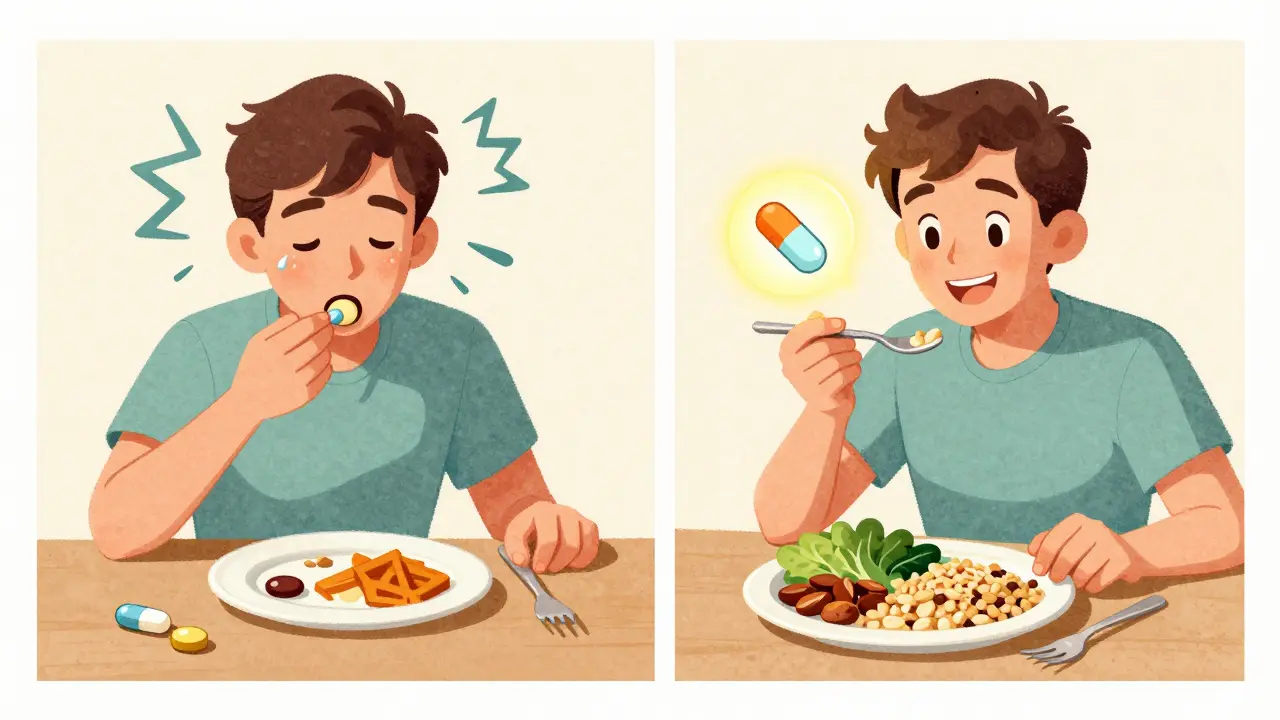 Split cartoon scene: high sugar chaos vs. balanced meal with glowing medication, vintage style.