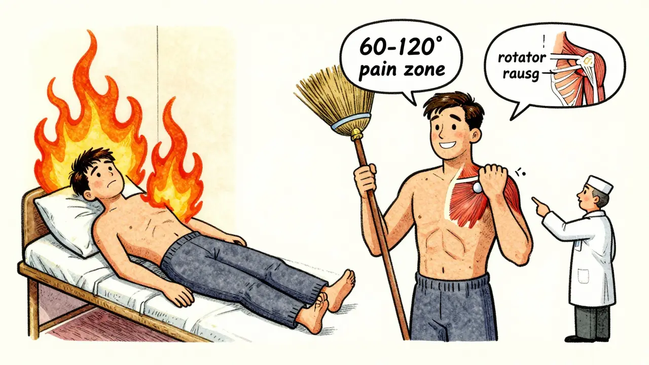 Split-panel cartoon: one side shows shoulder pain with flames, the other shows rehab with a broomstick exercise.