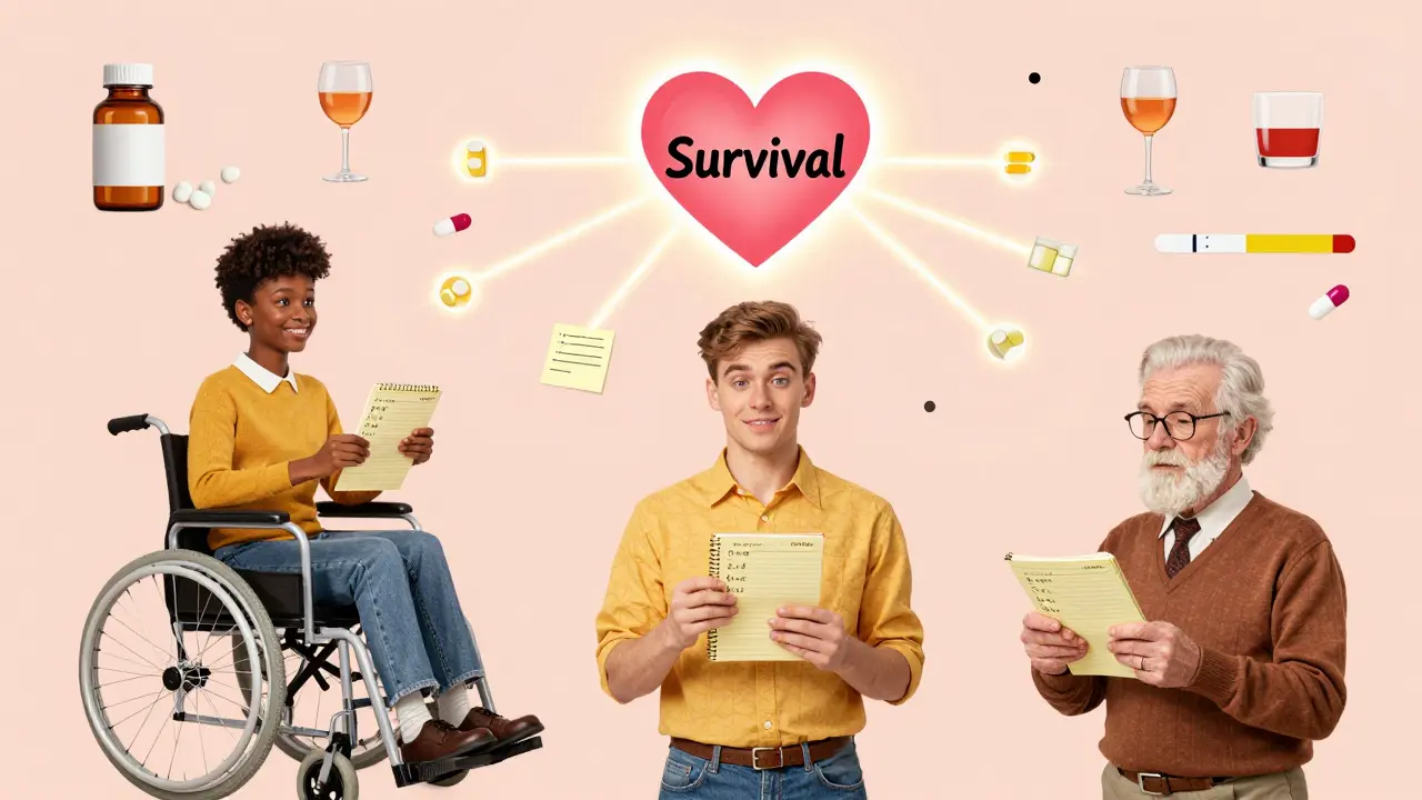 Three people with medication logs connected to a heart, surrounded by pills, alcohol, and test strips.