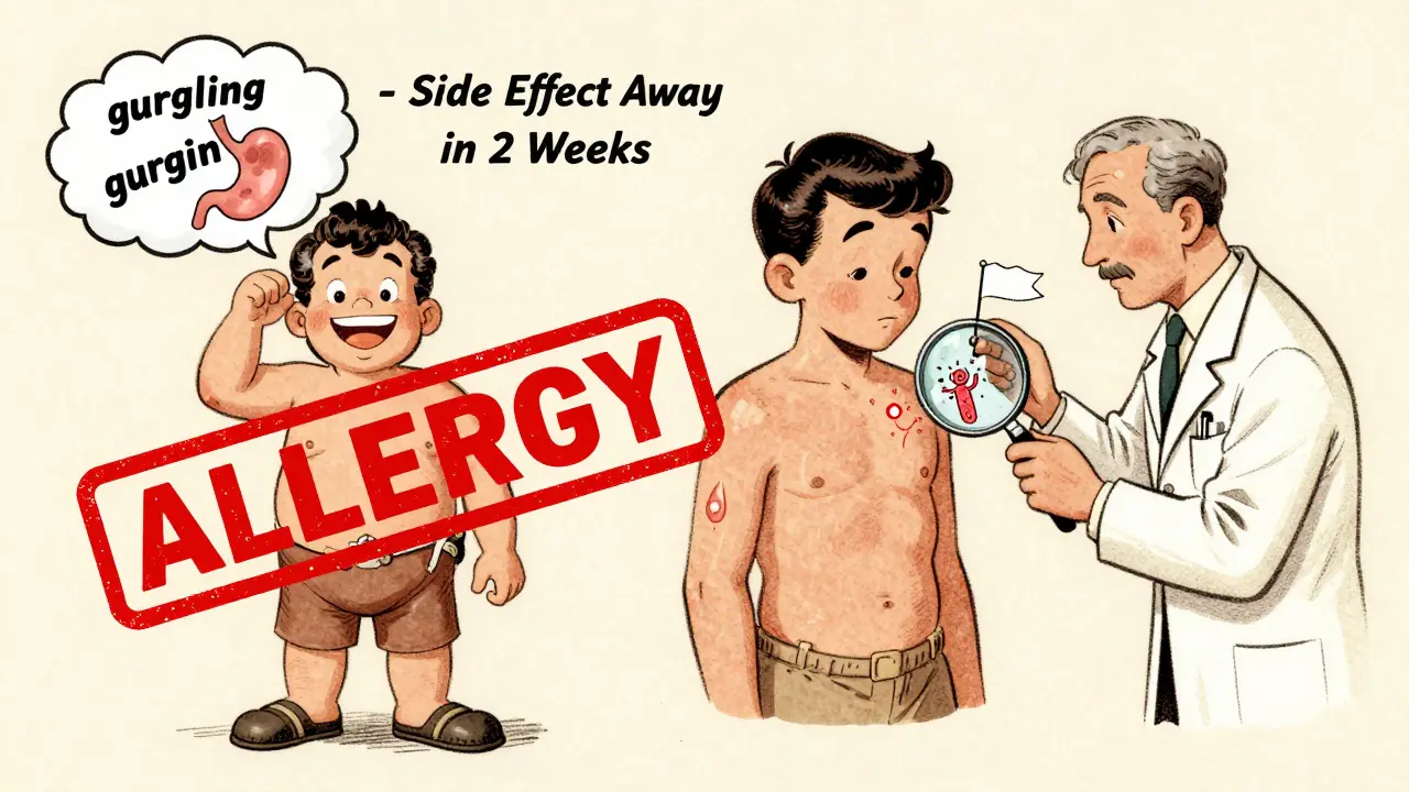 Two cartoon patients side by side: one with mild stomach upset, another with allergic reaction being tested by doctor.
