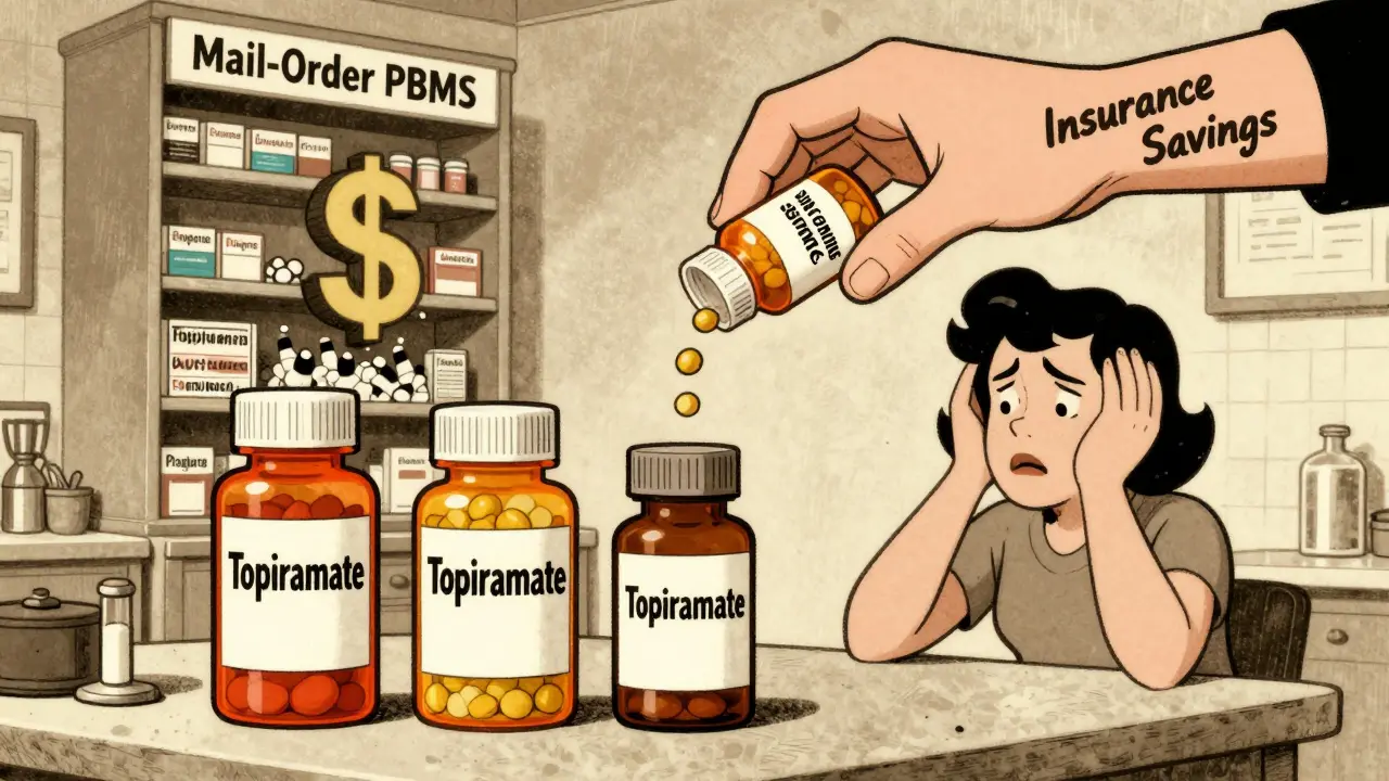 Woman confused by differently shaped generic pills on counter, insurance hand dropping new bottle.