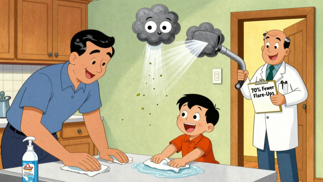 A family cleaning a kitchen counter with two damp cloths, airborne allergens being removed by a visible force, a doctor smiles nearby.
