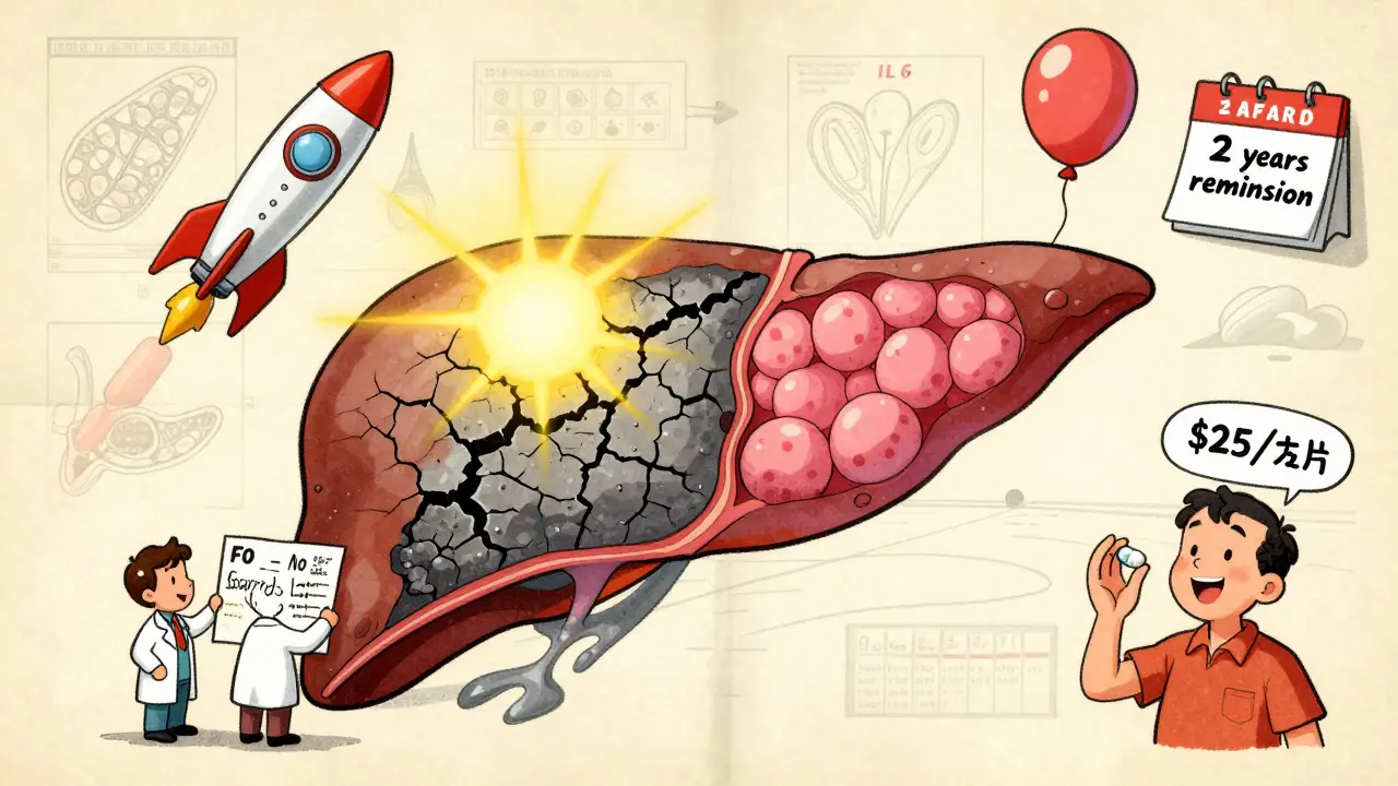 A healed liver with fibrosis disappearing, a patient smiling, and a low-cost pill label visible in a vintage medical comic style.