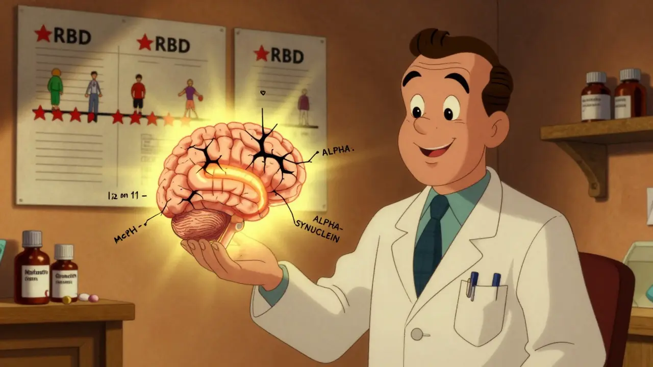 A neurologist holds a brain model with toxic protein spread, illustrating RBD as an early sign of Parkinson’s disease.