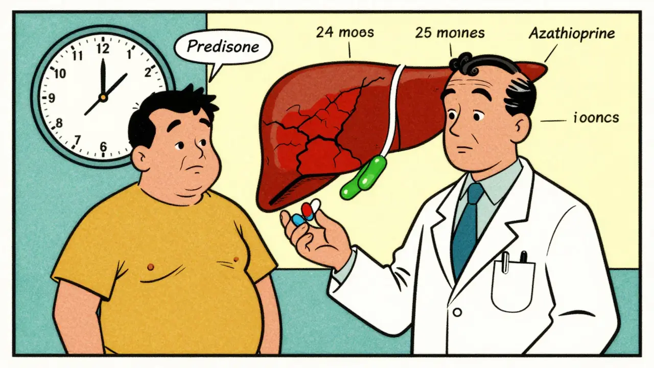 A patient receiving steroid and azathioprine pills, with side effects like moon face and weight gain shown comically around them.