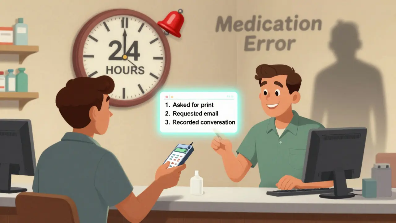 A patient recording counseling at the pharmacy counter while a checklist glows above them and a warning clock rings.