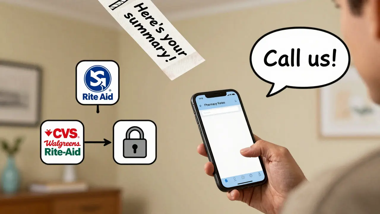 A person staring at a blank pharmacy app on their phone, with floating icons of pharmacy chains and a printed note falling from above.