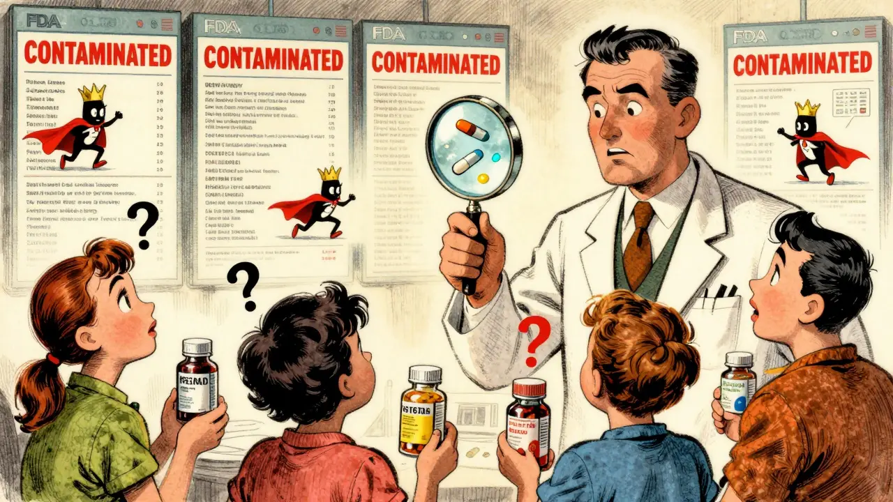 A pharmacist using a magnifying glass to reveal hidden drugs in a supplement bottle.