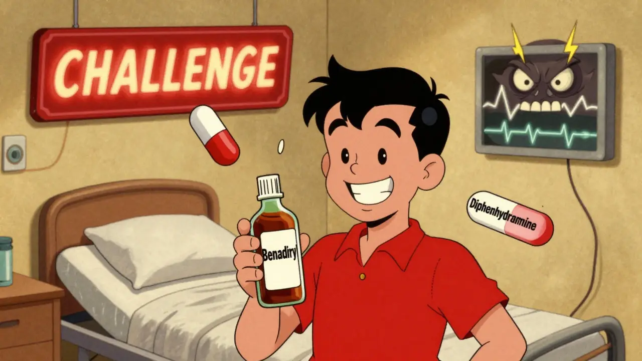 A teen with cough syrup surrounded by menacing pill monsters under a 'Challenge' sign.