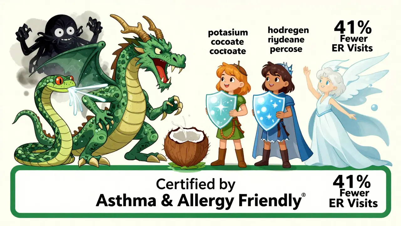 Cartoon battle between harmful chemicals and clean ingredients, all centered on a certified label with an upward trend arrow.