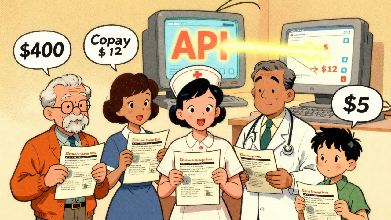 Diverse people celebrating drug savings using Orange Book printouts, with API feed glowing above.