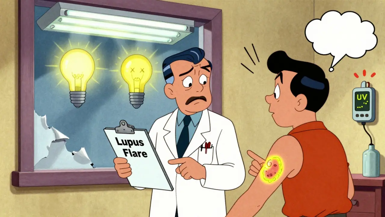 Doctor confused as patient shows skin lesion, UV-blocking film and LED lights replacing fluorescent bulbs.