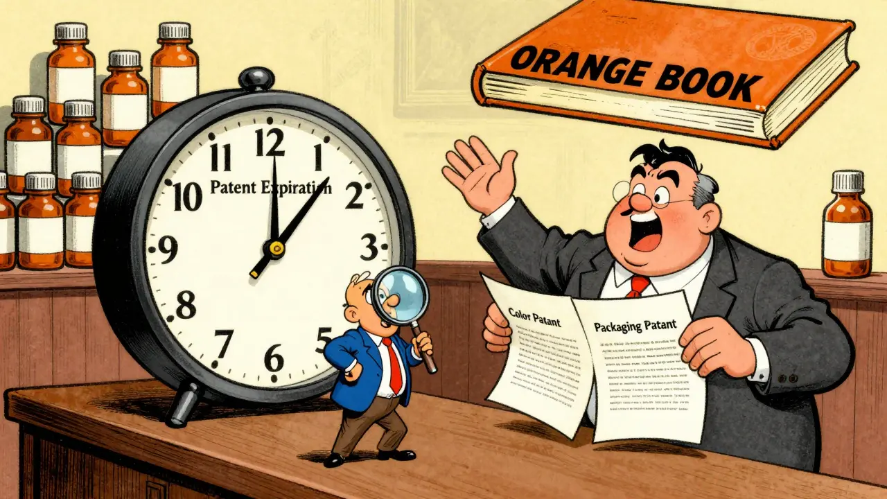 Generic drug maker defeating brand-name company with patent expiration clock, cartoon-style courtroom scene.