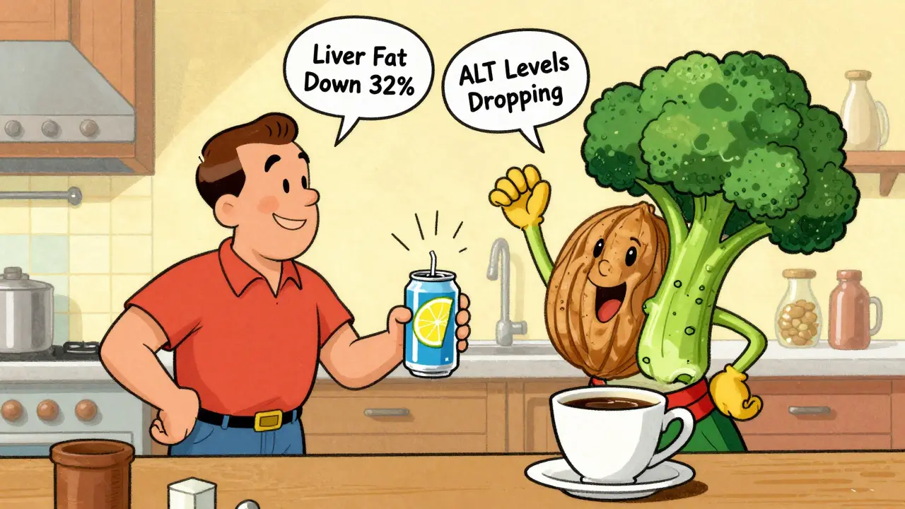 Man swapping soda for sparkling water as walnut, broccoli, and coffee cheer him on