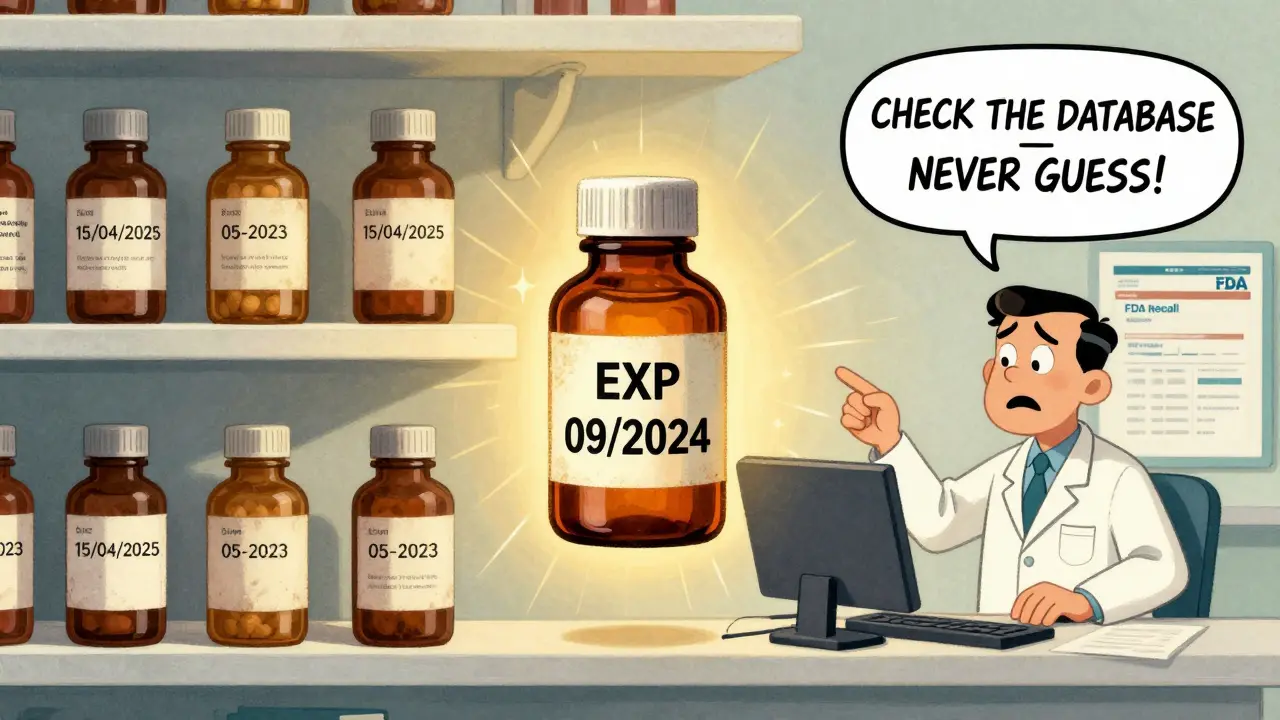 Medicine bottles with faded dates on a pharmacy shelf, one glowing with clear expiration date as FDA recall website is viewed.