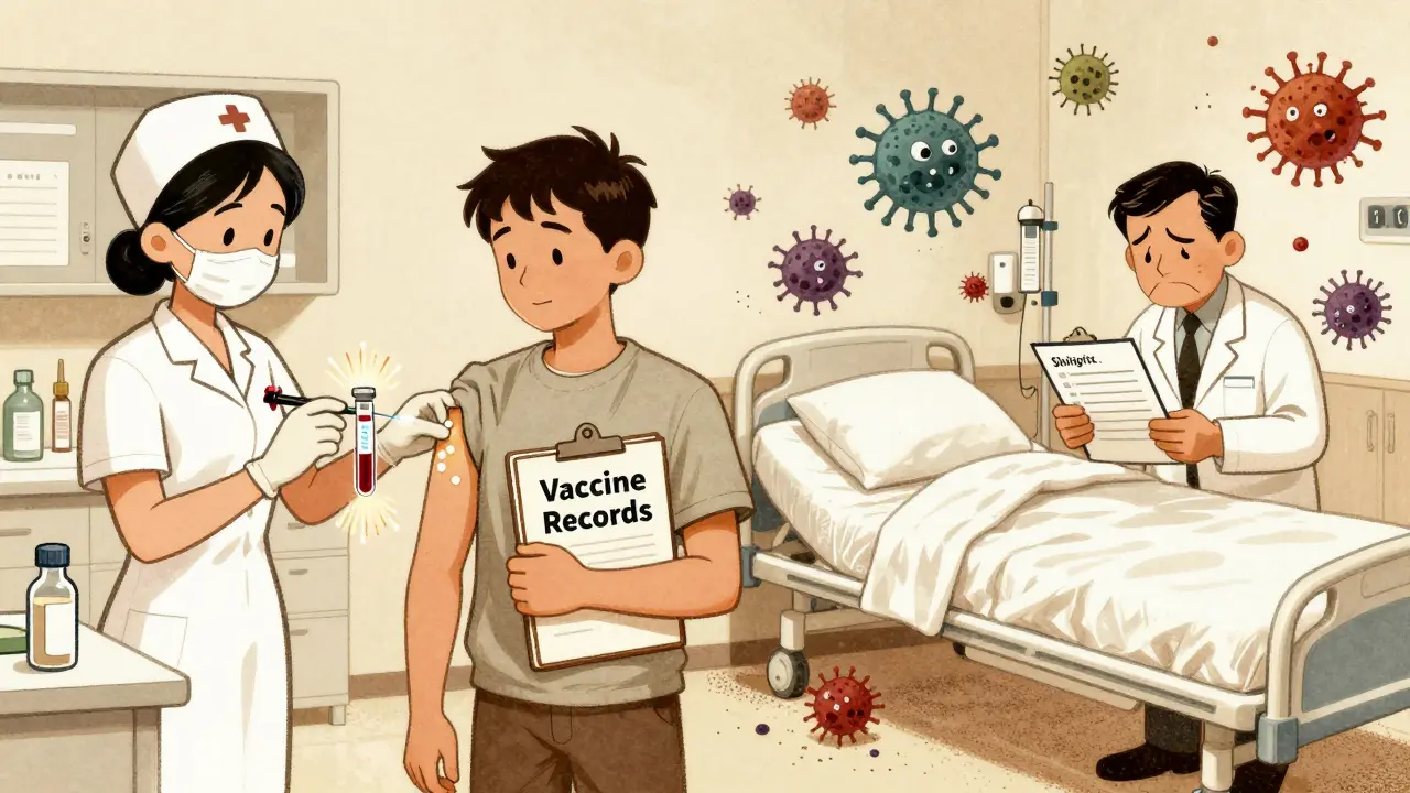Patient between safe vaccination clinic and chaotic infection hospital in vintage cartoon illustration.