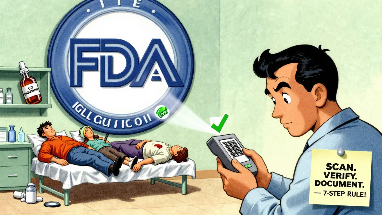 Patients collapsing from contaminated insulin while worker scans barcode with green 'SAFE' confirmation.