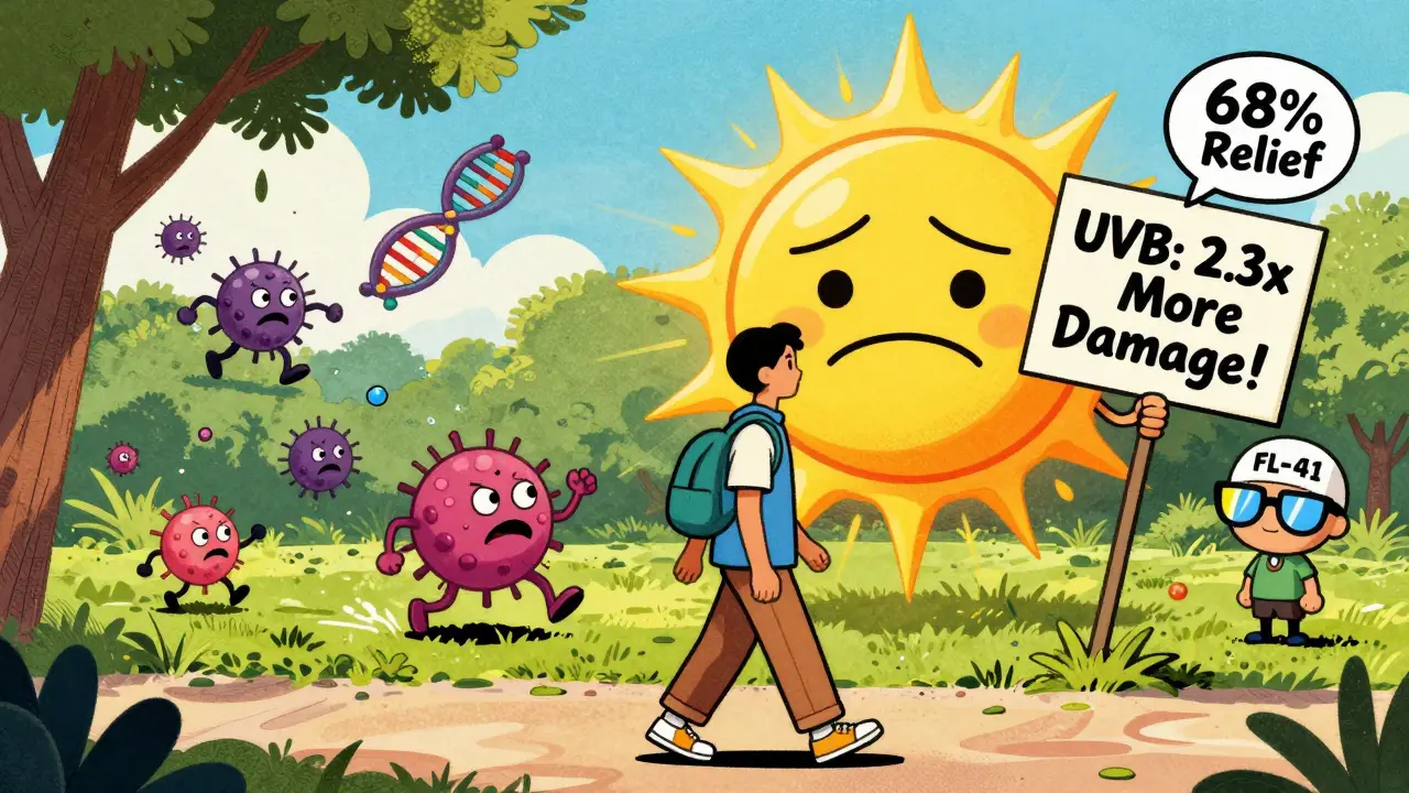 Person in protective clothing walking past sunlit park, immune cells chasing DNA fragments, tinted glasses glowing.