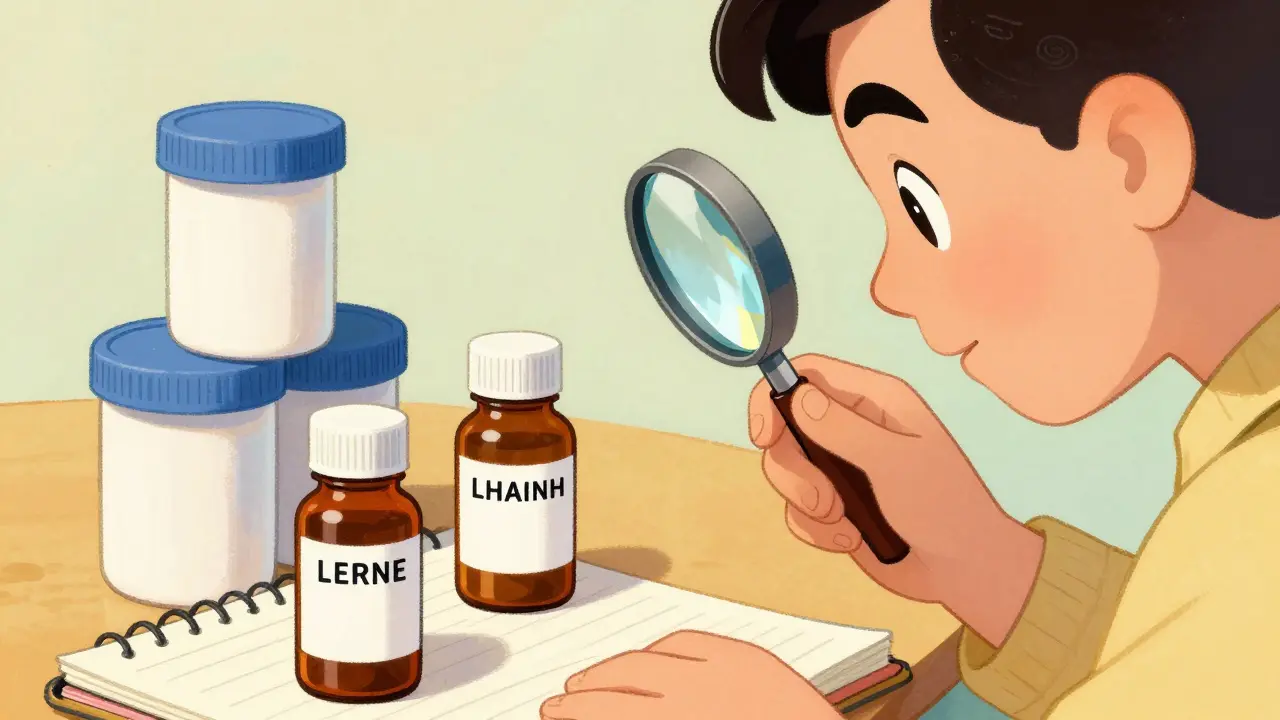 Person inspecting medication bottles with magnifying glass