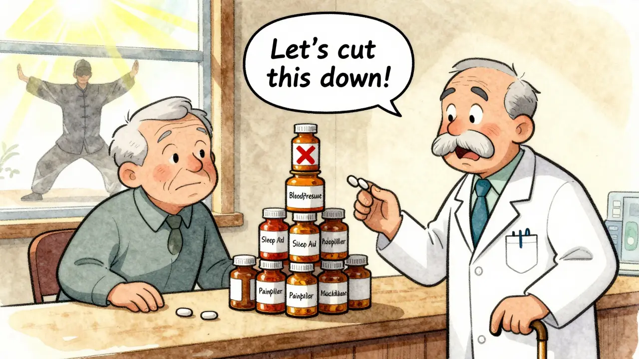 Pharmacist reviews medication pile with patient, three pills marked for removal.