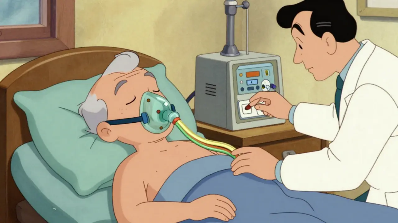 Senior patient using BiPAP with doctor adjusting settings