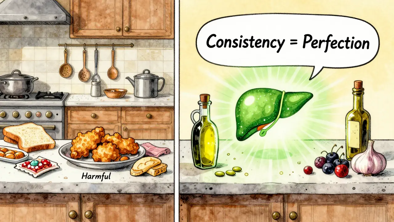 Split kitchen: unhealthy foods on left, liver-friendly foods on right, glowing liver in center