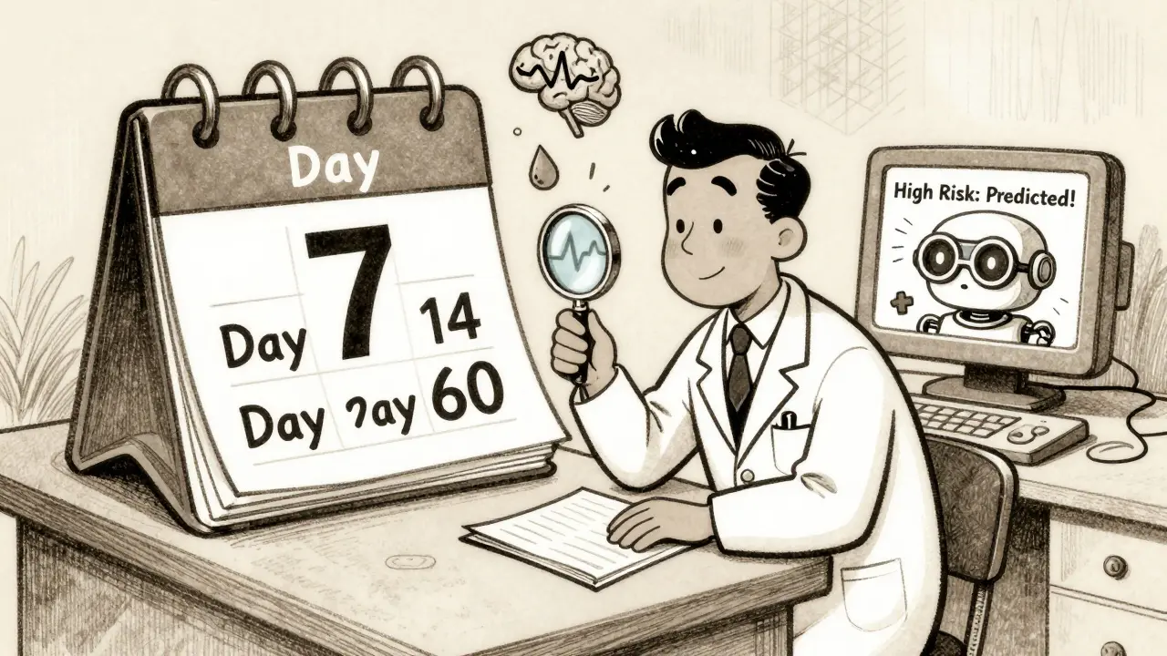 A doctor and patient track medication effects over time with floating medical icons and an AI monitor in the corner.