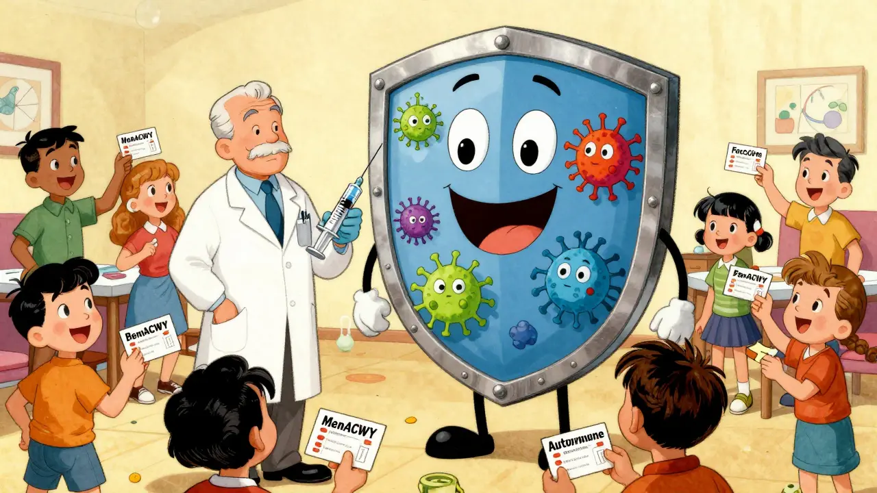 A doctor vaccinating teens while blocking cartoon germs with a shield labeled MenACWY.