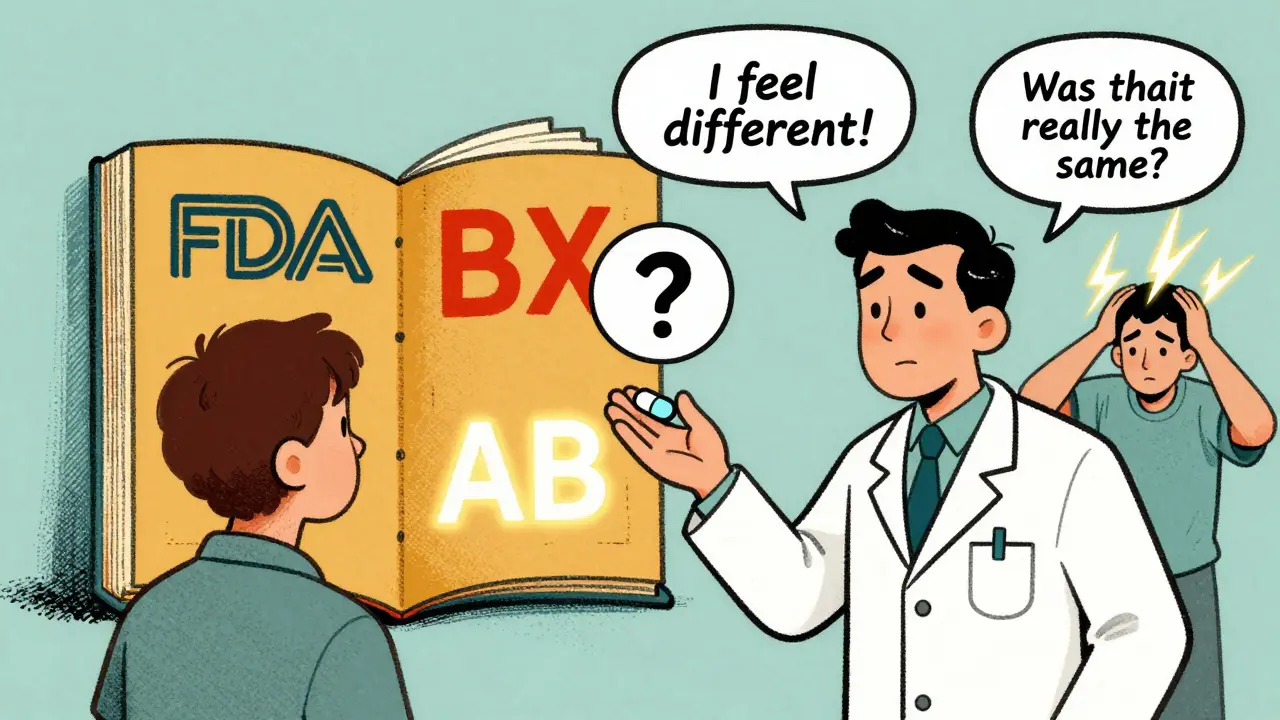 A pharmacist hands a generic pill while a patient reacts to side effects, with FDA ratings visible in the background.